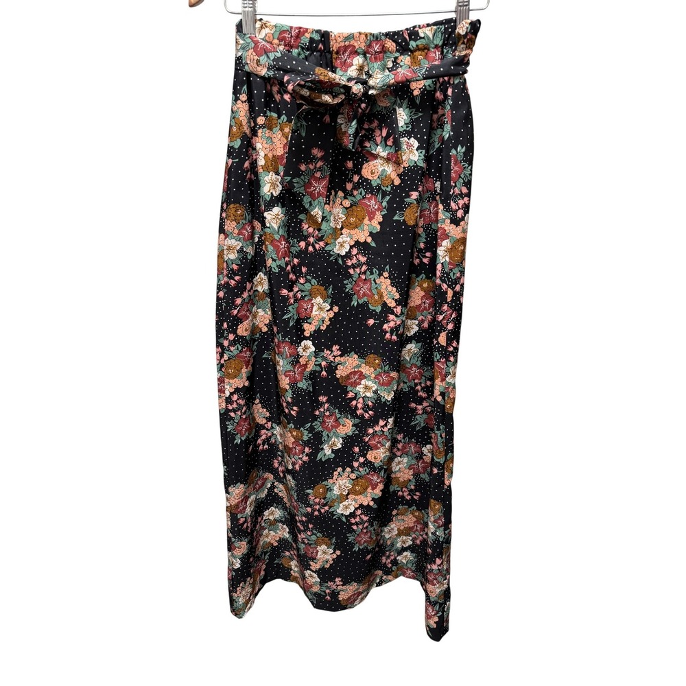 Vintage Floral Maxi Skirt Womens 4‎ Black Floral Polka Dot Belt Whimsical Summer